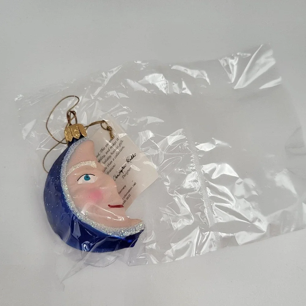 Christopher Radko Crescent Moon Glass Christmas Ornament Man Face Blue